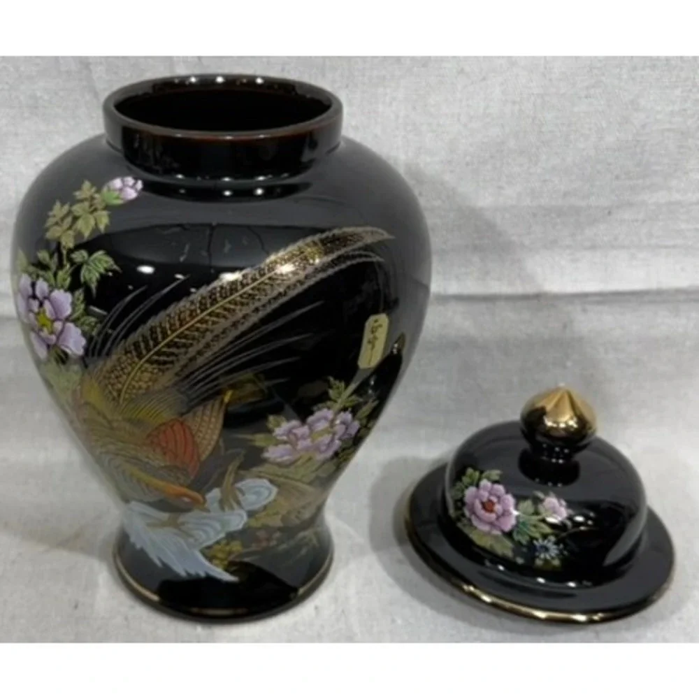 Yamaji Japan Black Porcelain Vase Set 3pc Peacock Floral Gold Trim Chinoiserie